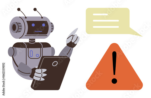 Robot holding tablet pointing at warning symbol beside message bubble. Ideal for AI alert, tech risk, automation caution, chatbot error, cybersecurity, machine communication, simple flat metaphor