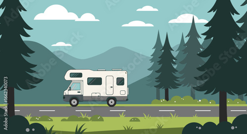 Traveling adventure with rv mountain road digital illustration serene landscape side view outdoor exploration. Vector illustration