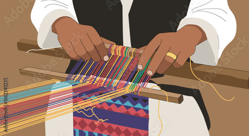 Weaving vibrant textiles artisan craftsmanship in a cultural setting close-up view of traditional loom techniques. Vector illustration