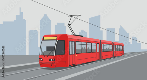 Dynamic red tram in urban landscape public transport graphic modern city environment digital illustration. Vector illustration