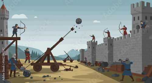 Siege action scene medieval castle digital illustration war environment aerial view strategy concept. Vector illustration