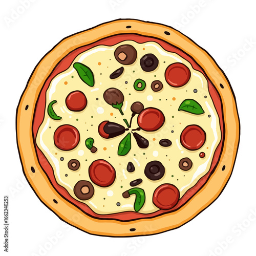 Delicious Pepperoni Pizza Top View Vector Illustration