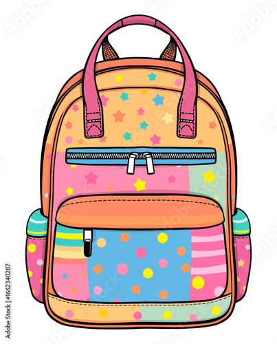 Colorful Kids' Backpack with Stars and Polka Dots Vector Illustration