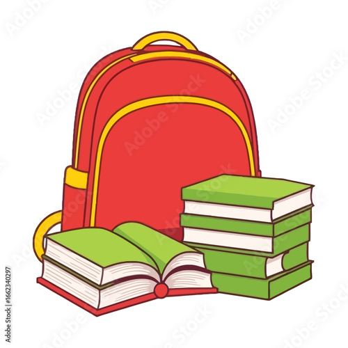 Red School Backpack with Stack of Green Books Vector Illustration Isolated on White Background