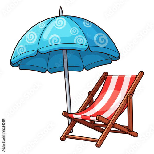 Beach Umbrella And Colorful Deck Chair, Isolated