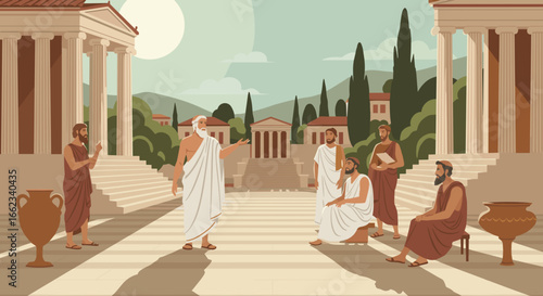 Philosophical dialogue among scholars ancient greece illustration historical setting wide angle intellectual exchange. Vector illustration