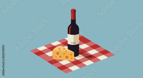 Wine and cheese picnic setup outdoor setting digital illustration relaxing environment minimalist viewpoint. Vector illustration