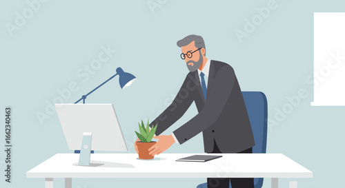 Employee organizing potted plant on office desk modern workspace digital illustration calm environment professional viewpoint. Vector illustration
