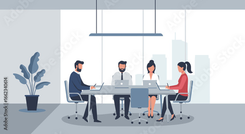 Collaborative business meeting at modern office engaging discussion professional environment group dynamics. Vector illustration