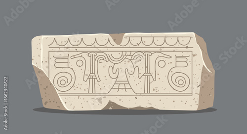 Ancient stone inscription discovery archaeological site artifact historical context close-up view cultural heritage. Vector illustration