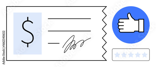 Receipt with torn edge, dollar symbol, lines for writing, signature, thumbs-up icon, and a 5-star rating. Ideal for finance, approval concept, e-commerce payment success quality trust simple