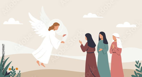 Angel appears to women in a serene landscape digital illustration spiritual environment uplifting concept. Vector illustration