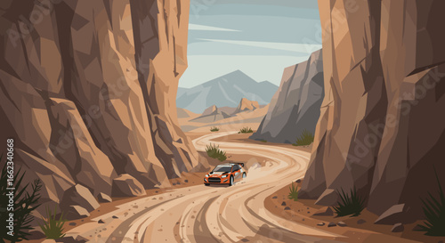 Off-road racing adventure desert canyon digital artwork scenic environment dynamic perspective. Vector illustration