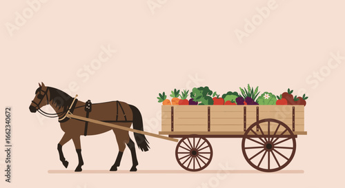 Harvesting fresh produce on horse-drawn cart farm setting digital illustration agricultural scene side view traditional farming. Vector illustration