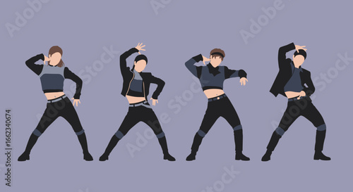 Dynamic dance performance by four artists urban setting digital art modern vibe unique perspective. Vector illustration