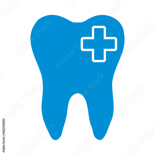 Tooth icon symbol with a medical cross silhouette flat design style. Tooth simple sign on white. Dentist cocnept. Modern, minimalist icon in blue color. Web site and mobile app design element.