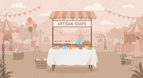 Artisan soap market stall artisan fair product display outdoor festival eye-level perspective handmade goods. Vector illustration