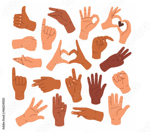 Minimalist flat design hand gestures and poses on white background