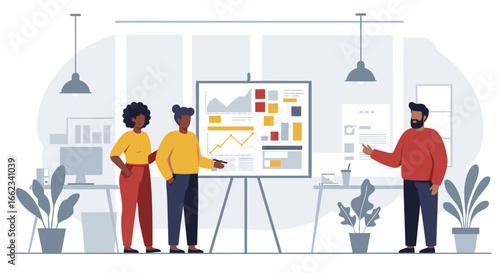 Team collaboration in business meeting office space presentation professional environment engaging viewpoint. Vector illustration