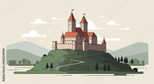 Majestic castle on a hill fantasy landscape digital illustration serene environment aerial view enchantment. Vector illustration