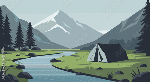 Camping adventure by a serene river in the mountains nature illustration peaceful landscape view. Vector illustration