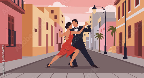 Elegant tango dance performance on vibrant city street urban environment illustrated style. Vector illustration