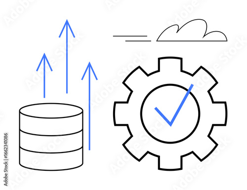 Database with growth arrows, a gear with a checkmark symbolizing system optimization, and a cloud for network or cloud use. Ideal for technology, data management, cloud computing, system updates