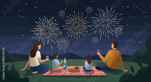 Fireworks celebration with family outdoor picnic night sky relaxing atmosphere. Vector illustration