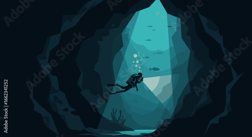 Diving adventure in a stunning underwater cave marine environment illustration ethereal lighting. Vector illustration