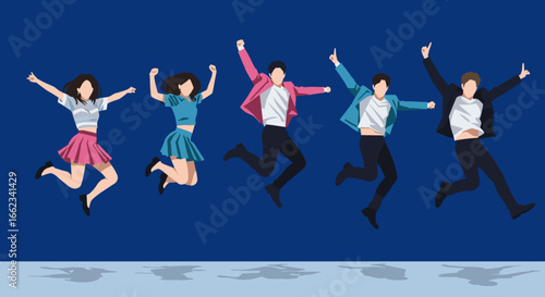Joyful group jumping celebration urban setting digital art bright background dynamic viewpoint youthful spirit. Vector illustration