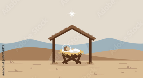 Nativity scene depicting baby Jesus Bethlehem digital illustration desert landscape serene viewpoint Christmas concept. Vector illustration