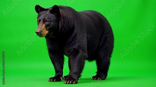 Majestic black bear stands confidently on a vibrant green screen background, ready for dynamic video integration and creative projects.