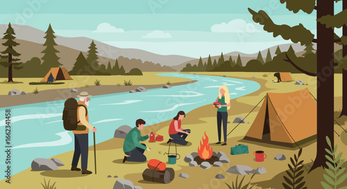 Camping adventure with friends by the river nature scene outdoor experience tranquil environment. Vector illustration