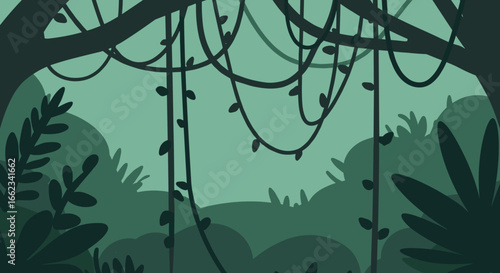 Exploring a lush green jungle scene with intricate vines tropical forest digital artwork tranquil atmosphere overhead view nature theme. Vector illustration