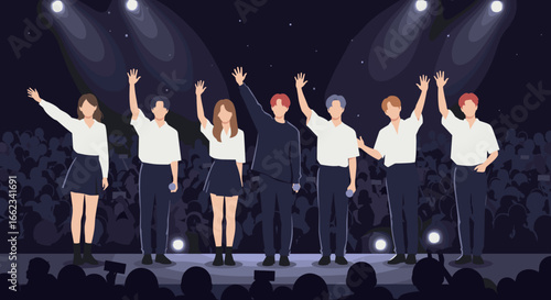 Live concert performance by band members stage digital illustration nighttime audience perspective music enthusiasm. Vector illustration