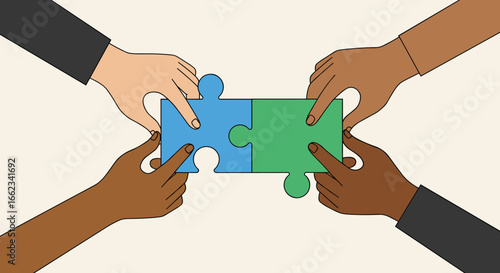 Collaboration in action hands joining puzzle pieces creative workspace illustration teamwork concept. Vector illustration