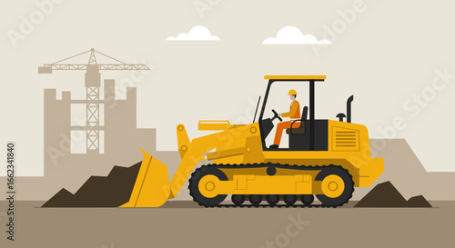 Excavation work in urban construction site featuring bulldozer operator industrial environment digital illustration. Vector illustration