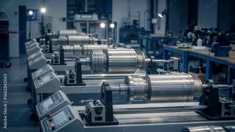 Rotor balancing shop floor featuring multiple gas centrifuge rotors on ...