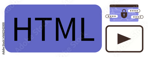 HTML text block beside a secure padlock with dataflow graphic and play button. Ideal for web development, coding, cybersecurity, multimedia, UI design, educational content, simple flat metaphor