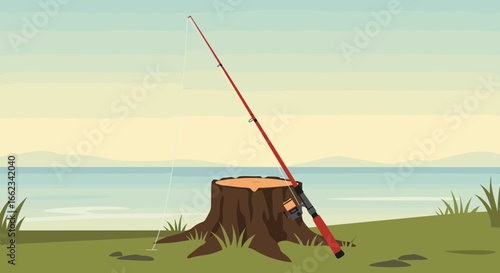 Fishing rod resting on tree stump by serene lake nature illustration calm environment peaceful view. Vector illustration
