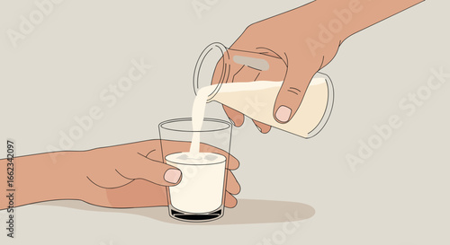 Pouring fresh milk into a glass kitchen setting animated illustration minimalist style close-up view. Vector illustration