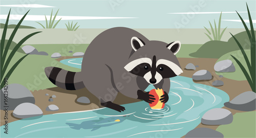 Raccoon enjoying a snack by the stream nature scene cartoon style serene environment playful concept. Vector illustration
