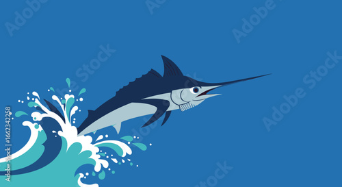 Marlin jumping through waves ocean digital art aquatic environment side view marine life concept. Vector illustration