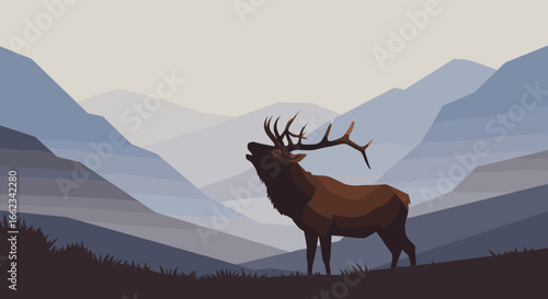 Majestic elk roaring in serene mountain landscape nature scene minimalist viewpoint. Vector illustration