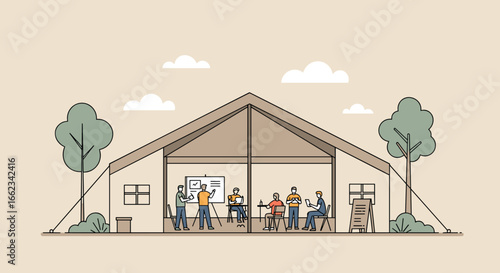 Team collaboration workshop inside a modern tent outdoor venue digital illustration creative environment aerial view. Vector illustration