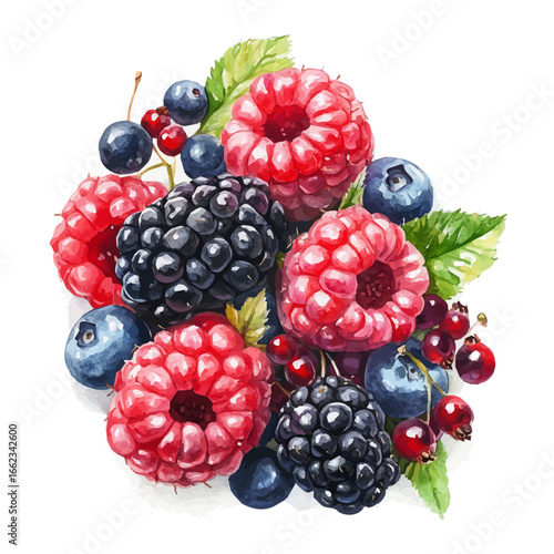 watercolor vector of Fresh Berries Summer Harvest, isolated on a white background.