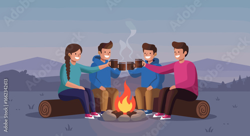 Campfire gathering celebration mountain outdoor illustration evening friends enjoying drinks. Vector illustration