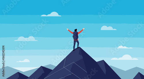 Conquering the peak a mountain climber's journey to success majestic mountains digital illustration bright sky inspirational view. Vector illustration