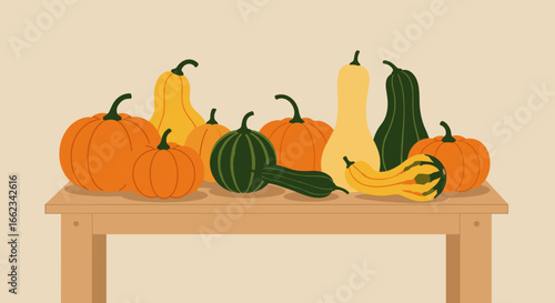 Harvesting seasonal delights a colorful display of pumpkins and squash on a rustic table. Vector illustration