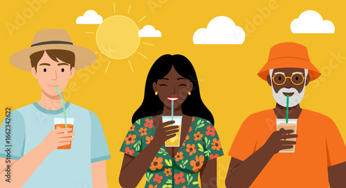 Refreshing summer drinks enjoyed by friends outdoors beach vibe digital illustration sunny atmosphere cheerful scene. Vector illustration